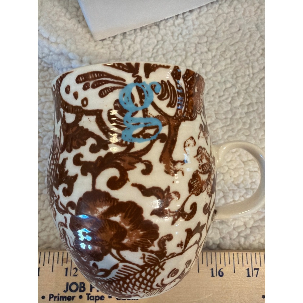 Anthropologie Monogram G Mug Brown Floral Bird Transferware Ceramic Coffee Cup‎